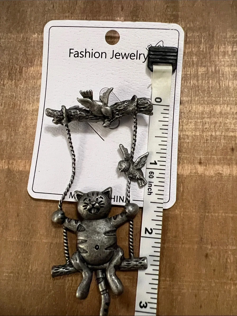 3/$18 Fashion Jewelry Antique Silver Cat on Swing Brooch with Bird Details 6058